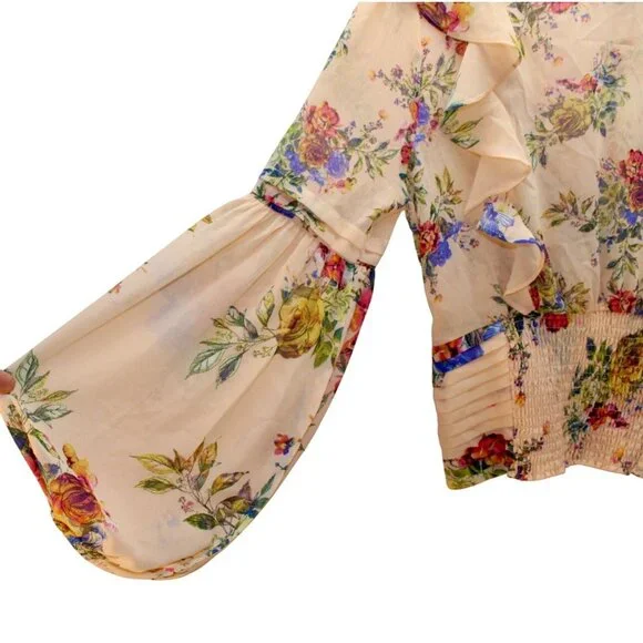 BKE NWT Womens Medium Top Floral Sheer Peach Balloon Sleeve Ruffles Cottage Core - Picture 3 of 10